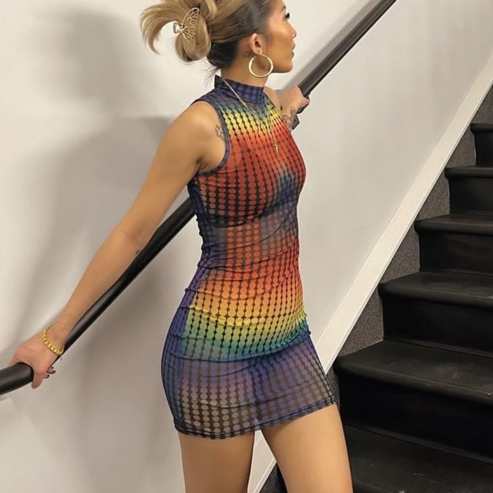 SHEIN ICON 90s Ombre Polka Dot Mock Neck Mesh Bodycon Dress - Size Large